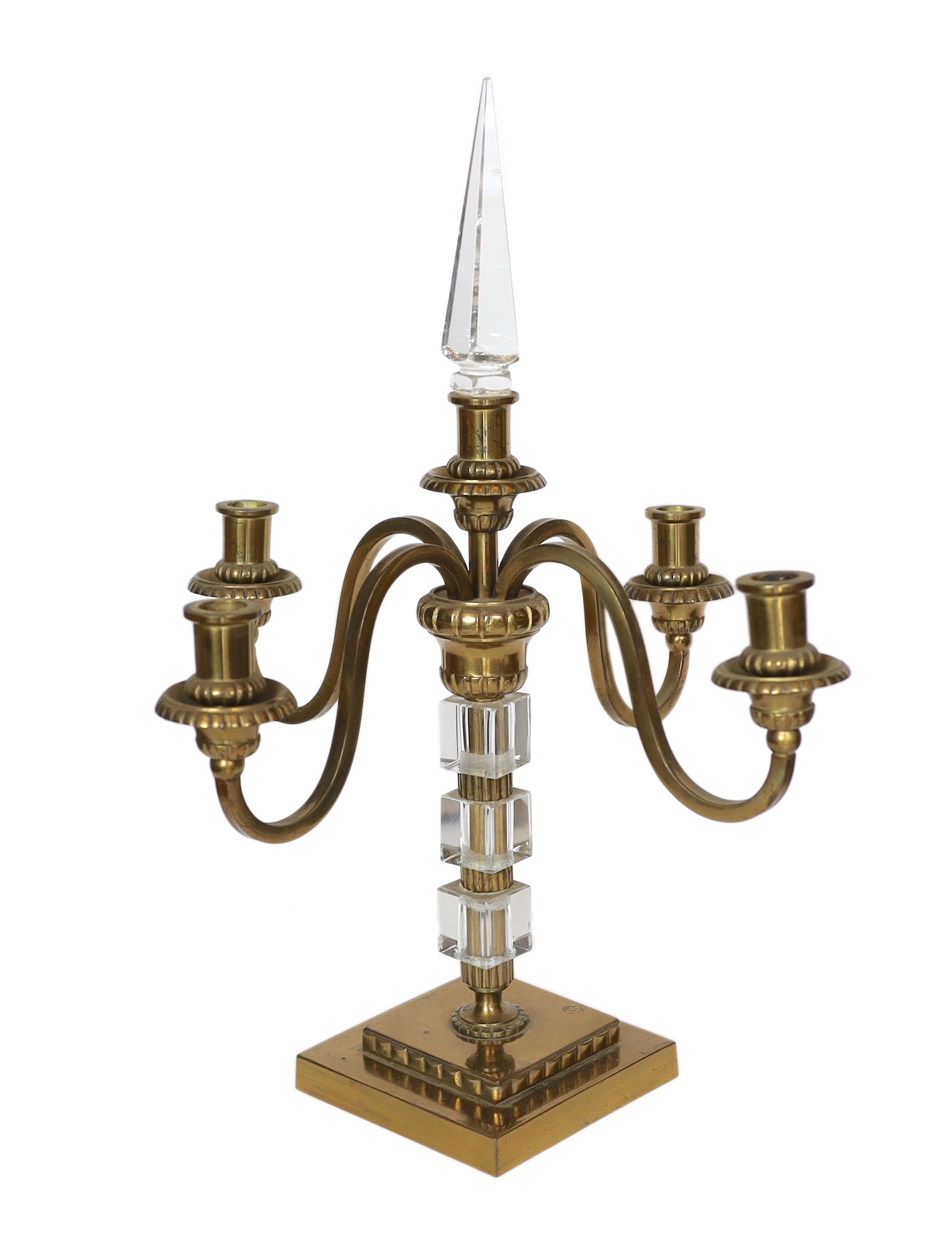 A French bronze and cut class four light candelabrum, height 45cm